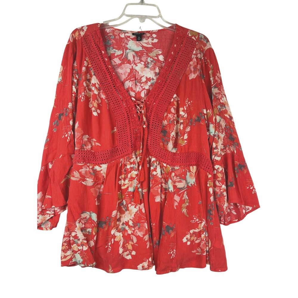 Torrid V-neck gauzy top, tassels 3/4 length sleeve orange-red top, size 3 EUC